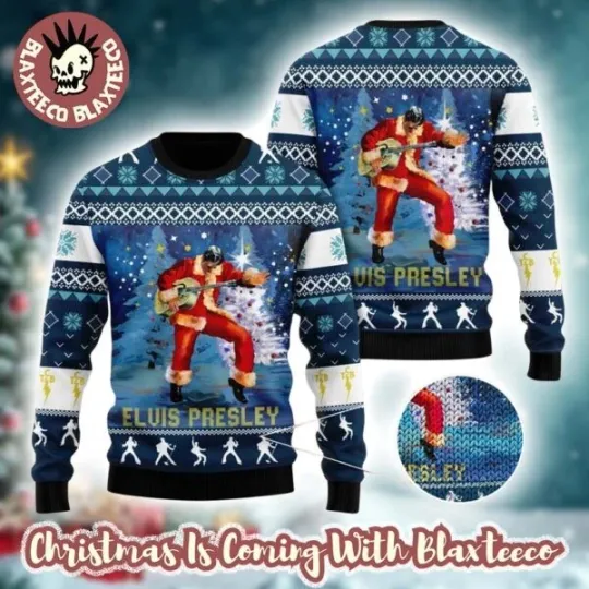 Discover Elvis Presley With Santa Claus Costume Playing Guitar Gift For Fans Ugly Sweater