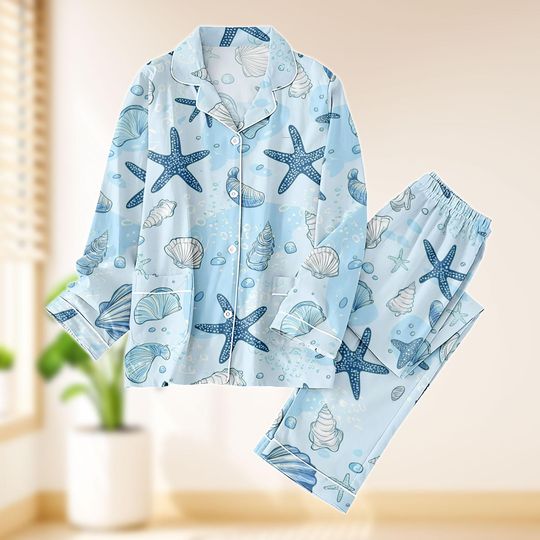 Discover Blue Starfish and Seashell Satin Pajama Set, Ocean-Inspired Sleepwear, Relaxing Beach Theme PJs, Soft Comfortable Sleepwear, Perfect Gi