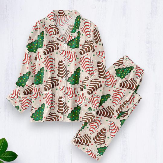 Discover Christmas Tree Pajama Set, Women's Long Sleeve Button Down Top and Pants, Festive Holiday Loungewear, Xmas Sleepwear Outfit