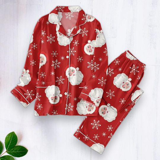 Discover Santa Claus satin pajamas set, red snowflake printed long sleeve pants, warm Christmas pajamas for the holiday season, suitable family gift