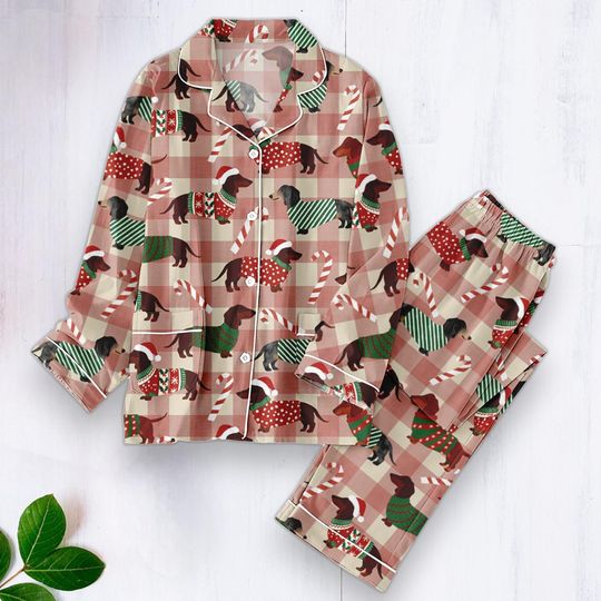 Discover Christmas Dachshund Pajamas, Candy Cane Dog Striped Pajamas, Women's Daily Pajamas, Cozy Family Pajamas for Holidays, Perfect Christmas Gift
