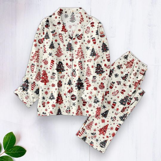 Discover Women's Christmas Pajamas, Red and Black Christmas Tree Printed Long Sleeve Pajamas, Holiday Home Wear Pajamas, Warm Winter Pajamas