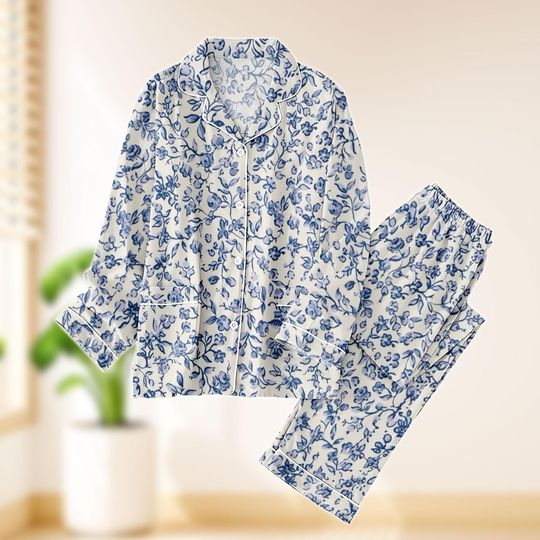 Discover Women's Blue Floral Long Sleeve Pajamas Set, Blue and White Floral Pattern, Soft Button Up Pajamas, Comfortable Sleepwear, Gift for Her