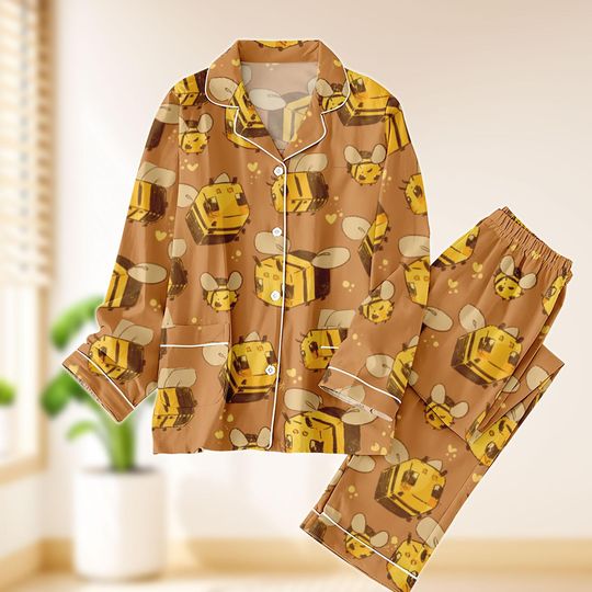 Discover Bee Print Satin Pajama Set, Cute Cartoon Bee Pajamas, Bee Lovers Gift, Yellow Bee Sleepwear, Cozy Sleep Set, Womens Pajama Set, Comfor