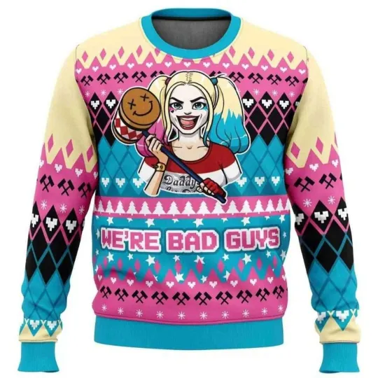 Discover 2025 We’re Bad Guys Harley Quinn DC Comics Ugly Christmas Sweater