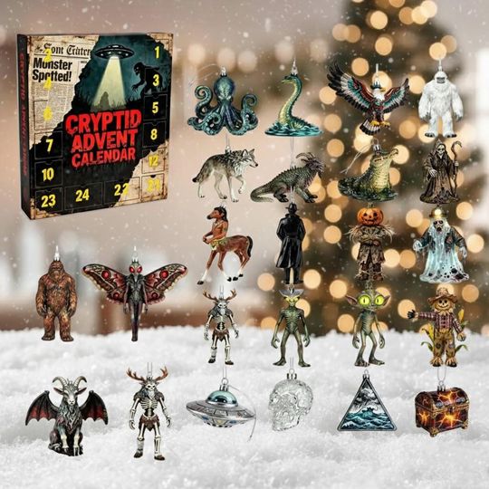 Discover Cryptid 2D Flat Acrylic Advent Calendar, 24-Day Cryptid Mythical Creature Ornament Set, Paranormal Collectible Countdown Box for Monster