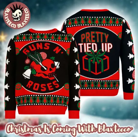 Discover Guns And Roses Pretty Tied Up Festive Skull And Holly Logo 2025 Ugly Sweater