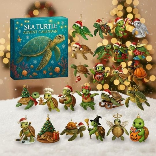 Discover Sea Turtle Advent Calendar 2025 2D Acrylic, 24 Ocean-Themed Miniatures, Coastal Marine Holiday Gift for Beach Lover, Sea Turtle Advent Calendar
