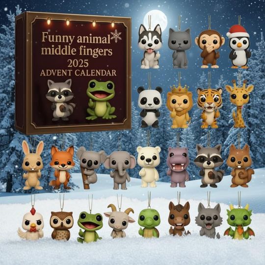 Discover Animal Middle Fingers 2D Flat Advent Calendar, 24 Acrylic Christmas Ornaments, Cute and Humorous Animal Figurine Gift for Adults