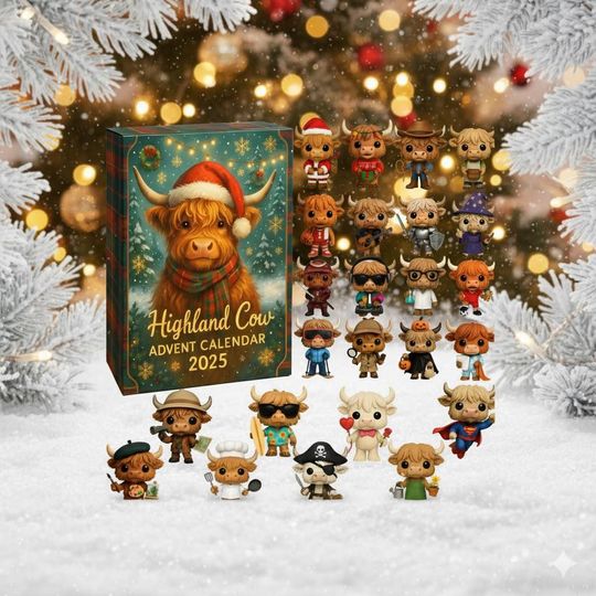 Discover Highland Cow 2D Acrylic Ornaments Advent Calendar, Farm Animal Figurine Set, Christmas Countdown Gift for Cow Lovers, Christmas Countdown