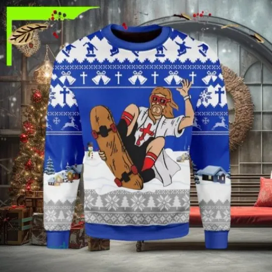 Discover Jesus Skateboarding Funny Bells Ugly Christmas Sweater Full Sizes XS-5XL