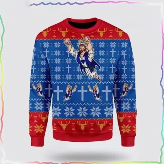 Discover Super Jesus Funny Christian Cross Snowflakes Ugly Christmas Sweater XS-5XL