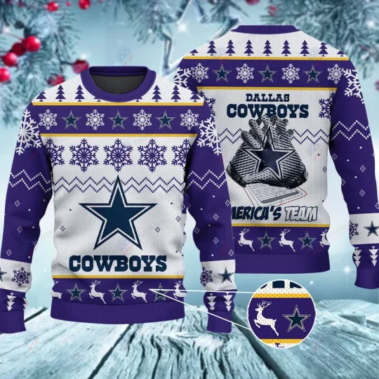 Discover Cowboys America’s Team Snowflakes Purple Ugly Christmas Sweater XS-5XL