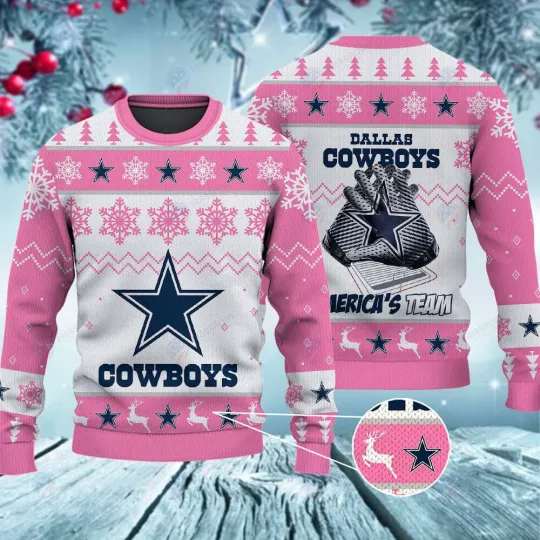 Cowboys America’s Team Snowflakes Pink Ugly Christmas Sweater