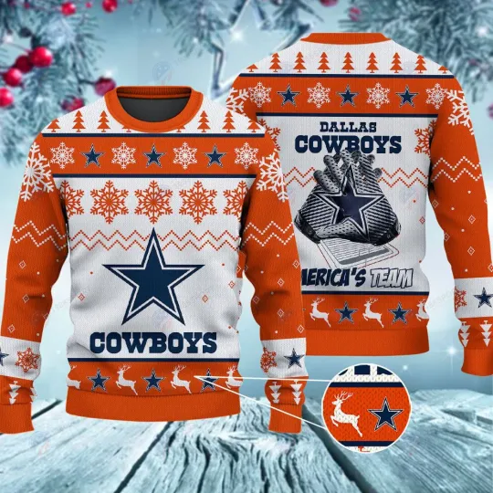 Cowboys America’s Team Snowflakes Orange Ugly Christmas Sweater