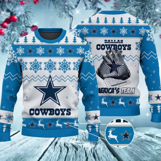 Discover Cowboys America’s Team Snowflakes Blue Ugly Christmas Sweater XS-5XL