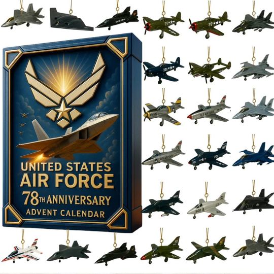 Discover Air Force Advent Calendar 2025, 2D Flat Acrylic 24 Days Christmas Countdown Ornaments, Aircraft Decor for Xmas Party, Holiday Gift for Veterans