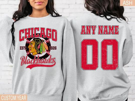 Discover Personalized Chicago Blackhawks Sweatshirt with Name and Number, Hockey Crewneck, Chicago Hockey Tee