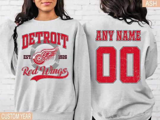 Personalized Detroit Red Wings Sweatshirt with Name and Number, Hockey Crewneck