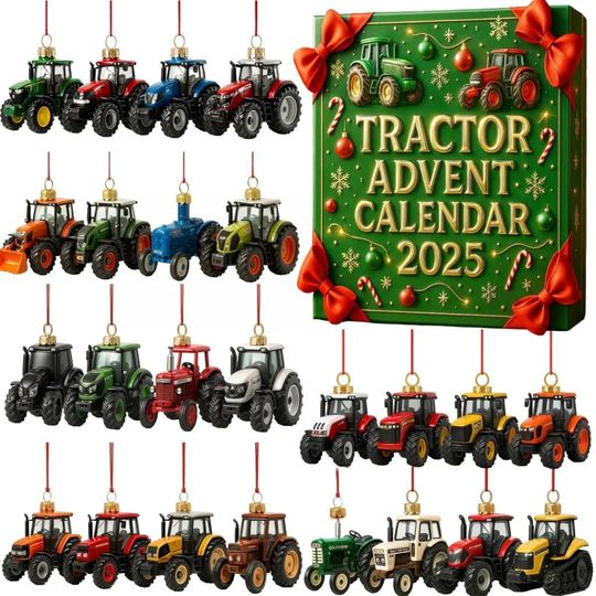 Discover Tractor Christmas Advent Calendar, Construction Vehicles Ornaments, 2D Flat Acrylic 24 Days Countdown Mini Hanging, Tree Xmas Ornaments