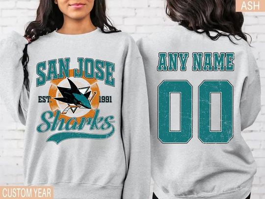 San Jose Sharks Personalized Name and Number Sweatshirt, Crewneck, Hockey Tee