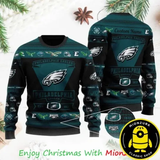Discover Philadelphia Eagle Football Team Logo Custom Name 2025 Xmas Ugly Sweater