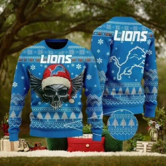 Discover Detroit Skull Santa Christmas Lions Funny Best For Christmas Ugly Sweater
