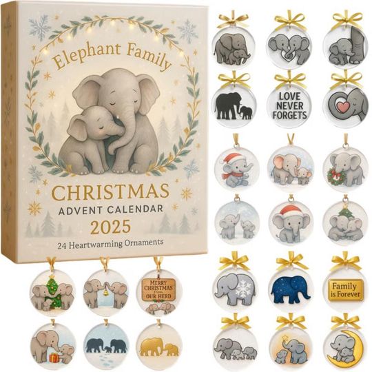 Elephant Family Advent Calendar 2025, Elephant 2D Flat Acrylic 24 Days Countdown Christmas Ornament, Gift for Elephant Lovers