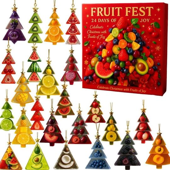 Discover Fruits Advent Calendar 2025, Fruit Fest Christmas Tree Countdown, 2D Flat Acrylic 24 Fruit-Themed Ornaments, Gift for Fruits Lovers