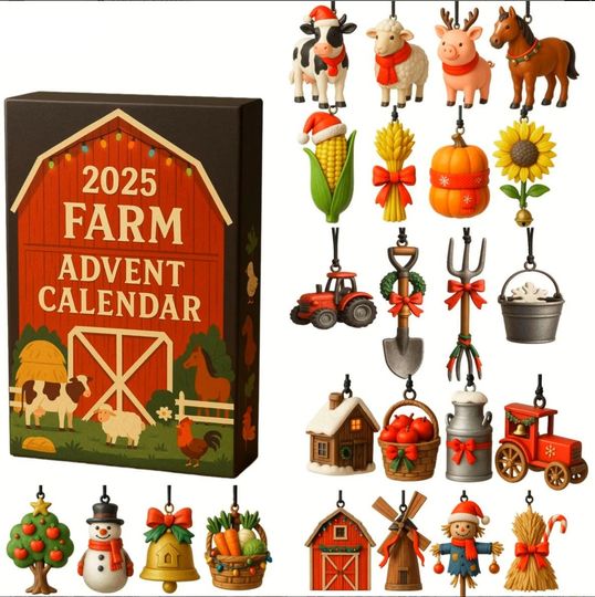 Discover 2025 Farm Christmas Advent Calendar, Farm Animals and Tools Christmas Ornaments, 2D Flat Acrylic 24 Days Countdown Gift for Farmers