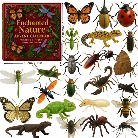 Discover Wildlife Insects Christmas Advent Calendar, Nature Trick Ornaments, 2D Flat Acrylic 24 Days Countdown Gift for Collectors