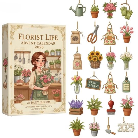 Discover Florist Life Advent Calendar 2025, 2D Flat Acrylic 24 Days Blooms Ornaments, Christmas Countdown Gift for Florist