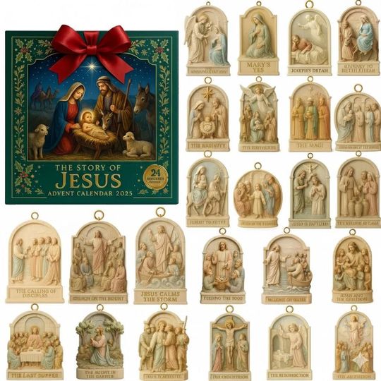 Discover The Story of Jesus Advent Calendar 2025, 2D Flat Acrylic 24 Biblical Mini Ornaments, Nativity Christmas Countdown, Religious Holiday Decor, Christian Gift