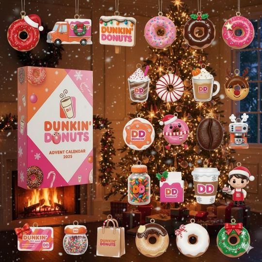 Donut Advent Calendar 2025, 2D Flat Acrylic 24 Mini Dunkin Donut Ornaments, Christmas Countdown for Baker, Cute Kitchen Decor, Gift for Her