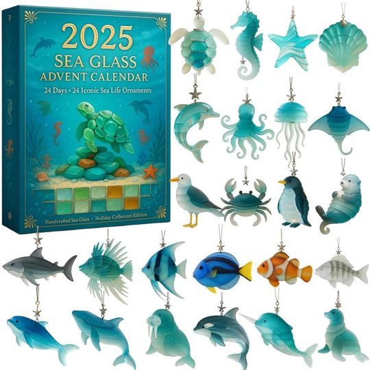Discover Sea Glass Christmas Advent Calendar 2025, Sea Animals Christmas Ornaments, 24 Days Countdown Mini Hanging Tree Xmas Decoration