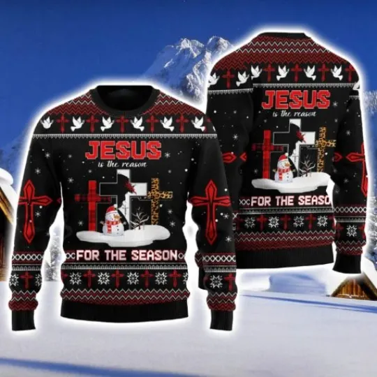 Discover Jesus Is The Reason For The Season Cross Snowman Ugly Christmas Sweater
