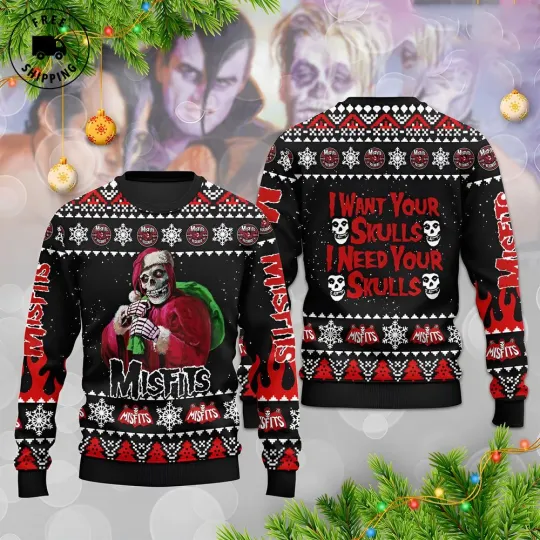 BG Misfits Skeleton Santa I Want Your Skulls Punk Rock Ugly Christmas Sweater
