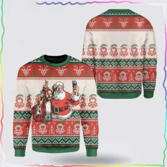 Discover Santa And Jesus Selfie Funny Ugly Christmas Sweater Full Sizes