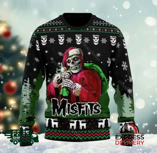 BG Misfits Skeleton Santa Punk Rock Band Ugly Christmas Sweater Full Size