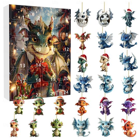 Discover 2025 Christmas Cartoon Dragon Holiday Advent Calendar, Dragon Baby 24pcs Christmas Ornament, 24 Days Countdown Xmas for Christmas
