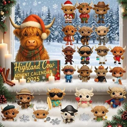Discover Scottish Highland Cattle Advent Calendar Ornaments, 2D Flat Acrylic 24pcs Christmas Ornament, 24 Days Countdown Christmas Ornaments