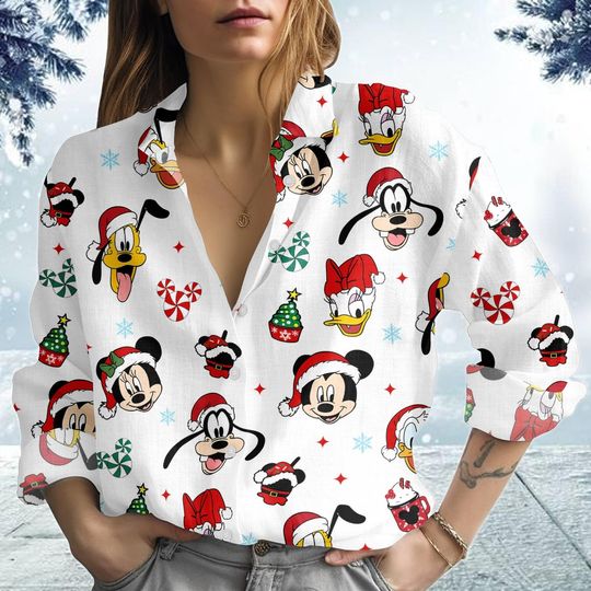 Discover Disney Mickey and Friends Christmas Blouse, Festive Disneyland Shirt for Women