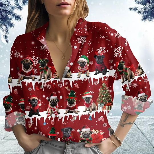 Discover Pug Lover Christmas Blouse, Women’s Holiday Shirt, Cute Pet Blouse