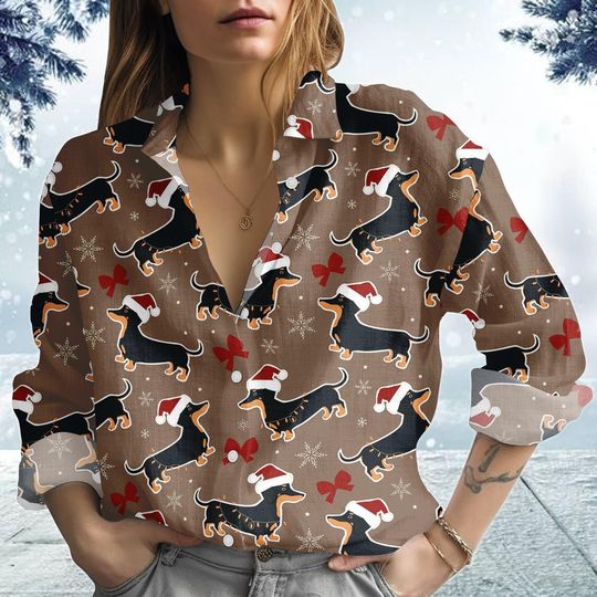 Discover Dachshund Christmas Blouse, Dog Lover Xmas Shirt, Women’s Sausage Dog Top, Holiday Gift for Women
