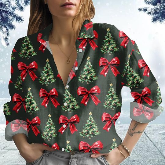 Discover Coquette Christmas Tree Blouse Shirt, Coquette Bow Xmas Shirt, Girly Christmas Shirt, Xmas Party Gift