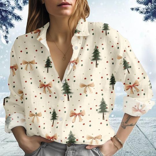 Discover Coquette Christmas Blouse Shirt, Coquette Bow Xmas Shirt, Xmas Tree Holiday Shirt, Xmas Party Gift