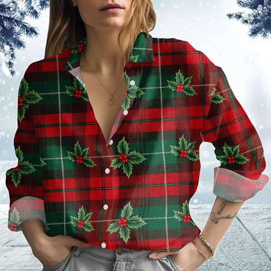 Discover Plaid Christmas Blouse Shirt, Holly Pattern Xmas Shirt, Christmas Tree Women Shirt, Holiday Gift