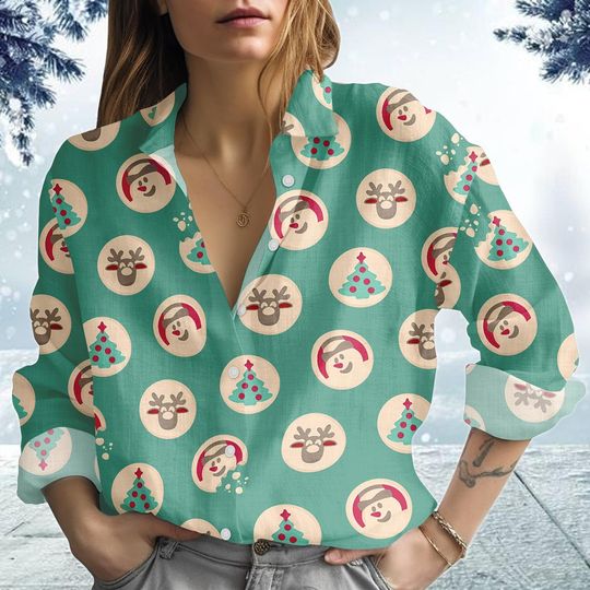 Reindeer Christmas Blouse, Women's Holiday Shirt, Animal Print Xmas