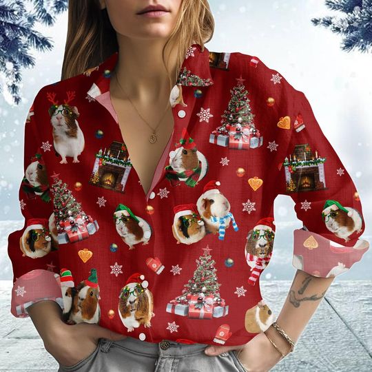 Discover Christmas Blouse Shirt, Guinea Pig Women Shirt, Hamster Santa Casual Shirt, Farm Animal Holiday Shirt, Pet Lover Gift