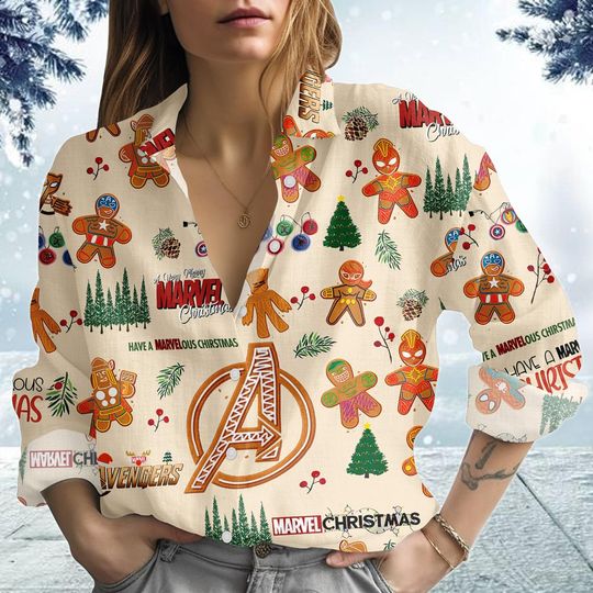 Discover Avengers Christmas Blouse Shirt, Spiderman Women Shirt, Marvel Gingerbread Shirt, Superhero Casual Shirt, Mcu Fan Gift